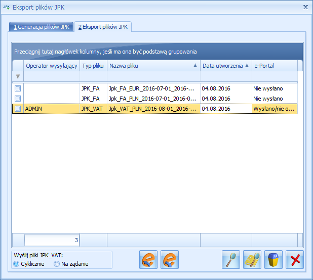 Na zakładce widoczne są pliki JPK wygenerowane na pierwszej zakładce Generacja plików JPK.