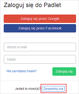 Padlet wirtualna tablica Rejestracja Mimo tego, że aplikacja zezwala na tworzenie tablicy bez rejestracji, to docelowo okaże się, że niektóre funkcje wymagają statusu zarejestrowanego i zalogowanego