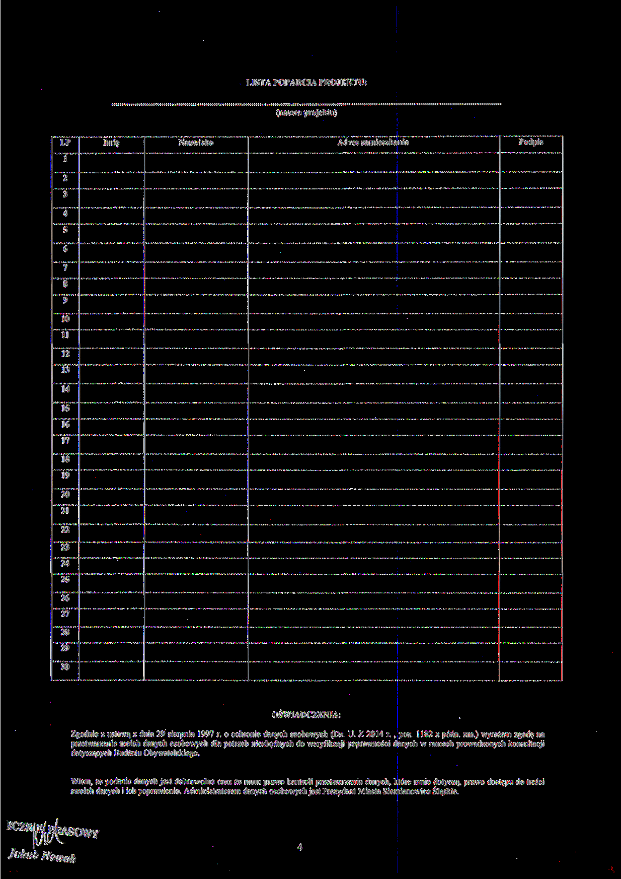 LISTA POPARCIA PROJEKTU: (nazwa projektu) LP 1 Imię Nazwisko Adres zamieszkania Podpis 4 5 6 7 8 9 10 11 1 1 14 15 16 17 18 19 0 1 4 5 6 7 8 9 0 OŚWIADCZENIA: Zgodnie z ustawą z dnia 9 sierpnia 1997