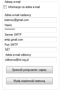 Adres e-mail nadawcy adres e-mail, z którego będą wysyłane wiadomości. Hasło hasło dostępu do adresu e-mail. Serwer SMTP serwer SMTP poczty wychodzącej e-mail a.