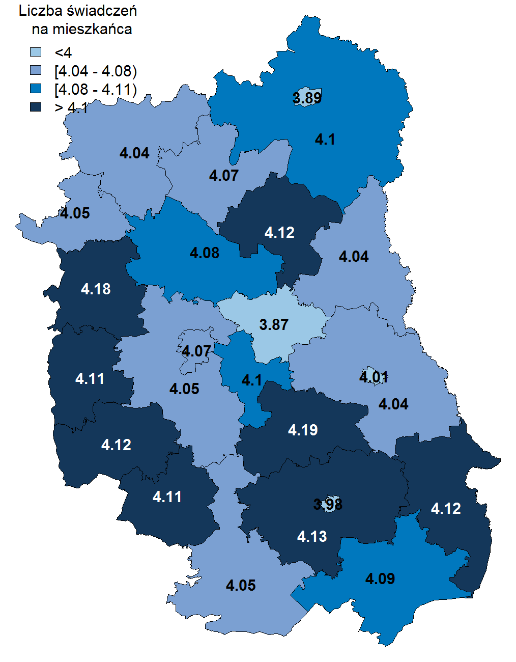 Wykres 76: Struktura udzielanych świadczeń według grup wiekowych w województwie lubelskim (2012) Wykres 78: Liczba świadczeń lekarza POZ w przeliczeniu na mieszkańca w powiatach województwa