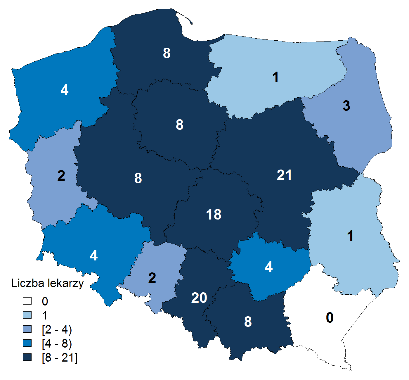 Wykres 87: Liczba umów ze świadczeniodawcami rozliczającymi się z płatnikiem publicznym przypadająca na jednego lekarza w poszczególnych województwach w 2013 r.