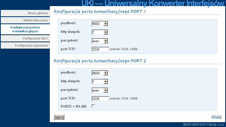 4.1.2. Konfiguracja portów komunikacyjnych Po przejściu na zakładkę Konfiguracja portów komunikacyjnych (Rys. 10), uŝytkownik ma moŝliwość ustawienia parametrów portów komunikacyjnych PORT1 i PORT2.