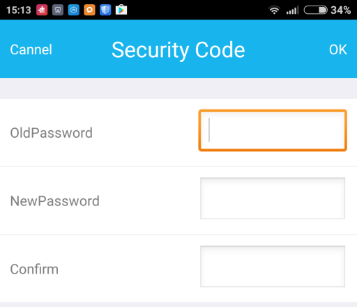 Zmiana hasła dostępu Wybierając Security code, zmieniamy hasło dostępu do mini kamery: Old password: aktualne hasło. New password: nowe hasło. Confirm: ponownie nowe hasło.