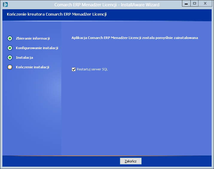 W celu poprawnej aktywacji wszystkich zmian konfiguracyjnych zaleca się zrestartowanie usługi serwera SQL podczas instalacji Menadżera Licencji.