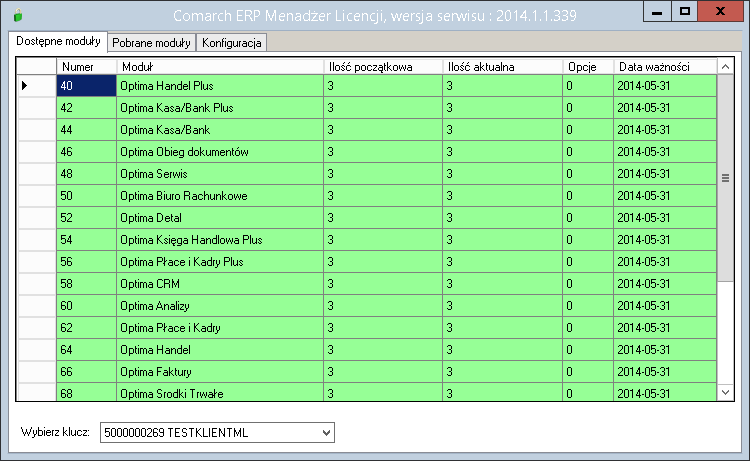 5.1 Zakładka Dostępne moduły Zakładka przedstawia listę dostępnych modułów pochodzących z podłączonego klucza HASP, plików SoftHASP, bądź z licencji aktywowanych w Comarch.