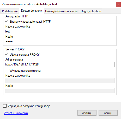 4.1.2 Dostęp do strony Rys. 7. Okno zmiany ustawień konfiguracji analizy zakładka Dostęp do strony.