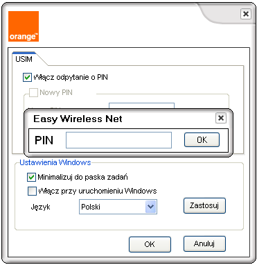 2) Po wprowadzeniu prawidłowego kodu PIN w oknie jak niżej należy kliknąć przycisk. 9.2. Wprowadzanie kodu PIN Jeśli zabezpieczanie kodem PIN jest włączone po uruchomieniu aplikacji Easy Wireless Net należy wprowadzić kod PIN.