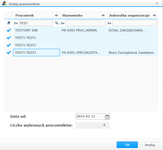 Zaznaczamy odpowiednich pracowników (będą oni pracować dokładnie w tych samych godzinach), określamy początek daty (od tej daty pracownicy będą mieli zaplanowany czas pracy zgodny z danymi