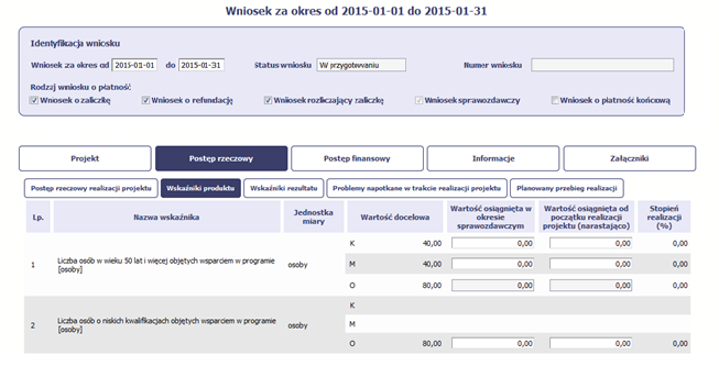 Jeśli realizujesz umowę współfinansowaną z Europejskiego Funduszu Społecznego, system przedstawi Ci tabelę z podziałem na płeć, gdzie K oznacza kobiety, M oznacza mężczyzn oraz O oznacza ogółem