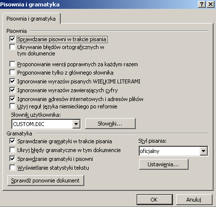 Rys. 5.1. Okno dialogowe pisowni i gramatyki polskiej. Ta metoda jest szczególnie przydatna, gdy zamierzamy poprawić dokument dopiero po zakończeniu jego edycji. 5.1.3.