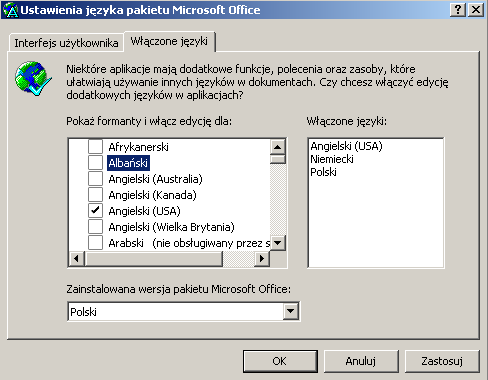 Rys. 5.4. Okno dialogowe Ustawienia języka pakietu Microsoft Office.