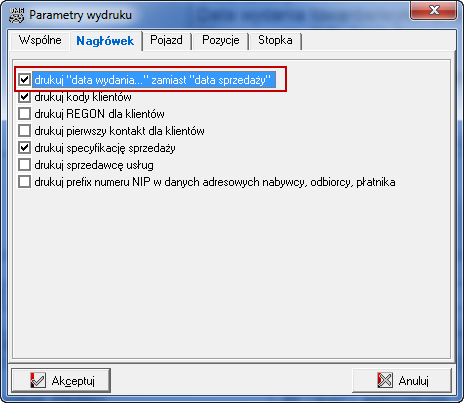 Nowy zapis będzie można przełączyć na poprzedni zmieniając nowo dodany parametr w parametrach wydruku druku data wydania zamiast data sprzedaży.