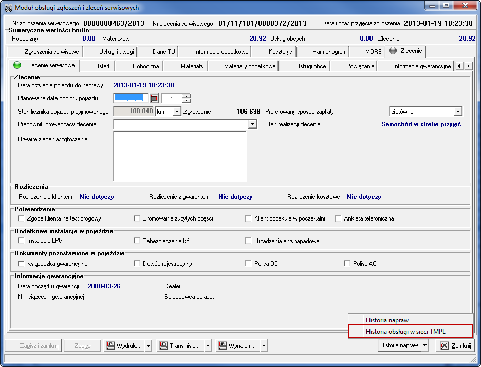 Zmiany w module serwisowym 1. Dodano przycisk wyświetlających historię serwisowania wg ASBDP w zgłoszeniu/zleceniu.