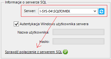 (rys. 7) Parametry połączenia do NEXO W zależności od konfiguracji serwera SQL możemy do zrealizowania połączenia zaznaczyć opcję Autentykacja Windows użytkownika serwera (Rys.
