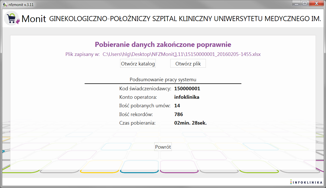 4. W oknie jest link do zapisanego pliku z danymi oraz przyciski Otwórz katalog i Otwórz plik 5.