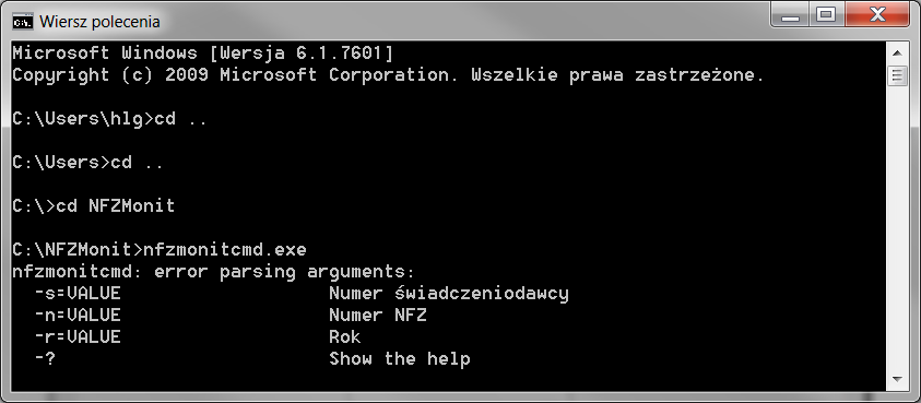 3.4 Uruchomienie programu z linii komend 1. Istnieje możliwość uruchomienia aplikacji NFZMonit z linii komend (Wiersz polecenia cmd.exe) 2.