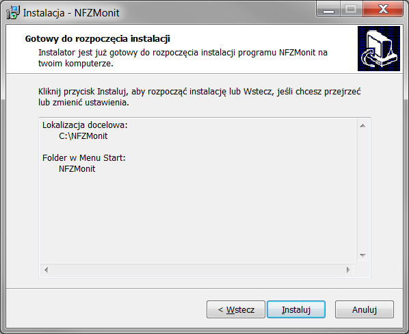 3. Instalator tworzy automatycznie domyślną grupę o nazwie NFZMonit w Menu Start. Nazwę folderu można zmienić posługując się przyciskiem Przeglądaj.