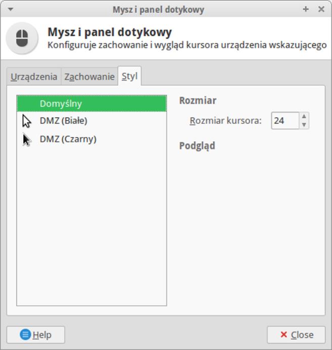 Zakładka Styl Wybierz styl kursora. Wyloguj i zaloguj się po zmianie stylu, żeby uaktywnić wybrany styl w wszystkich aplikacjach.