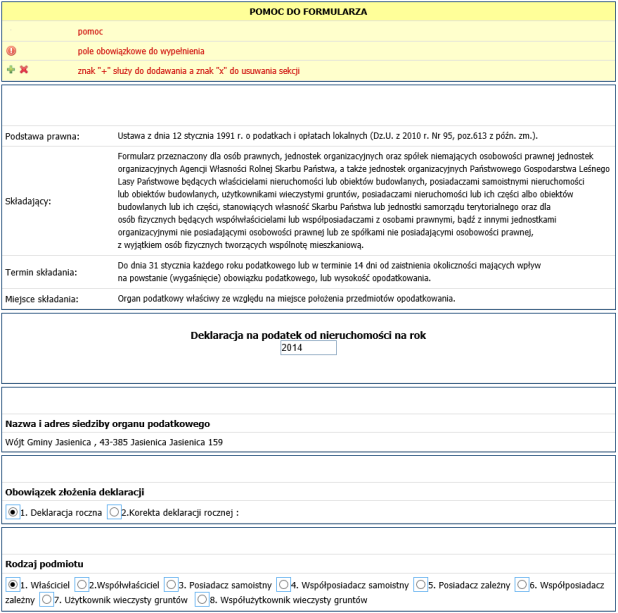 Rysunek 9.4 Fragment elektronicznego formularza deklaracji na podatek od nieruchomości Gminy Jasienica umieszczonego na platformie epuap.