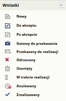 Liczba rekordów - pozwala na ograniczenie ilości wniosków wyświetlonych na stronie, Przeglądanie wniosków wszystkich lub wg zadanych kryteriów jest możliwe po użyciu przycisku Pokaż.