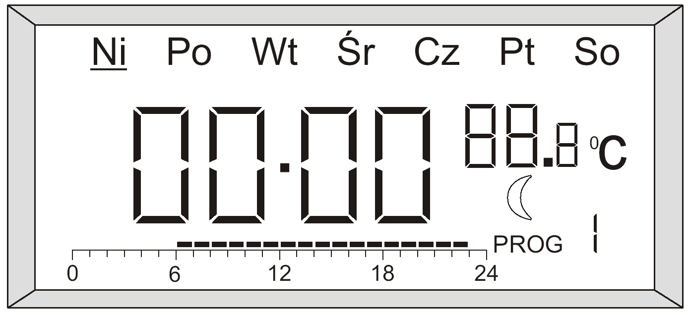 EUROSTER 2000 INSTRUKCJA OBSŁUGI 3 5.2. WYŚWIETLACZ. 1. Wskaźnik dni tygodnia. Jest to gruba linia podkreślająca właściwy dzień tygodnia w górnej części wyświetlacza. 2. Zegar.