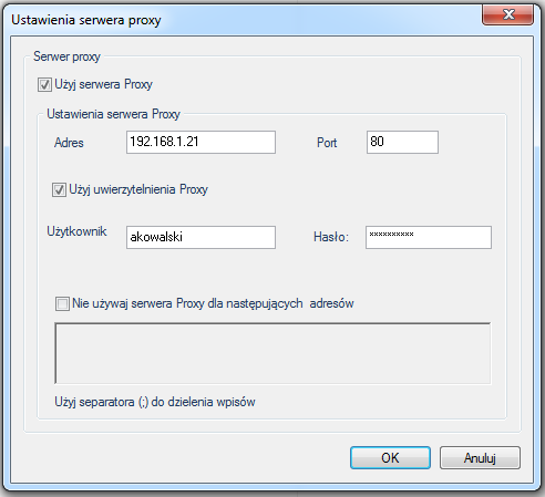 COPYRIGHT 2013 Wszelkie prawa zastrzeżone Zaznacz "Użyj serwera Proxy ". Do pola "Adres" wpisujemy numer IP serwera lub nazwę a w pole "Port" numer (domyślny to 80).