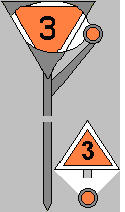 Sygnał D 6 Zwolnić bieg (dzienny i nocny: trójkątna tarcza pomarańczowa z białą obwódką, zwrócona podstawą do góry, na niej czarna liczba wskazująca dozwoloną prędkość jazdy podana w dziesiątkach