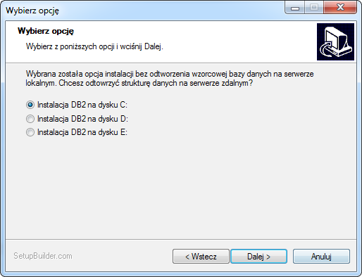 Jeśli nie ma potrzeby instalowania na stacji Serwera bazy danych DB2, Administratora Bazy danych oraz samej bazy można odznaczyć te opcje po czym kliknąć Dalej.