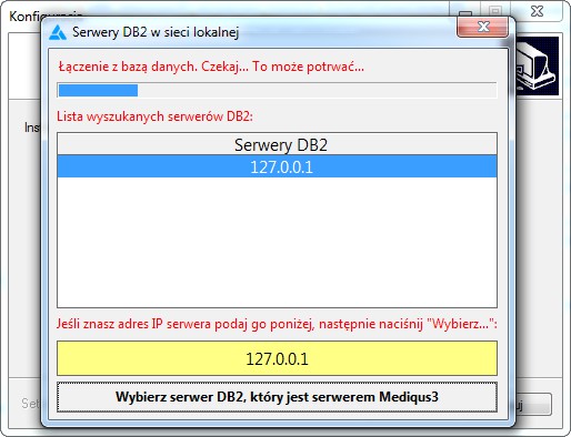 Po instalacji pojawi się również okienko informacyjne. Proces konfiguracji bazy danych może potrwać kilkadziesiąt minut. KROK 10 Program automatycznie rozpocznie wyszukiwanie serwera DB2.