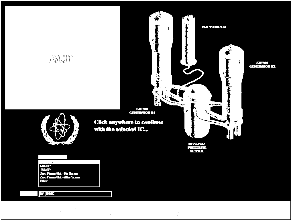 Rys. 11. Widok ekranu startowego programu IAEA Pressurized Water Reactor (PWR) Simulator. W lewym dolnym rogu możliwy jest wybór jednej spośród przygotowanych sytuacji (IC), które mogą być symulowane.