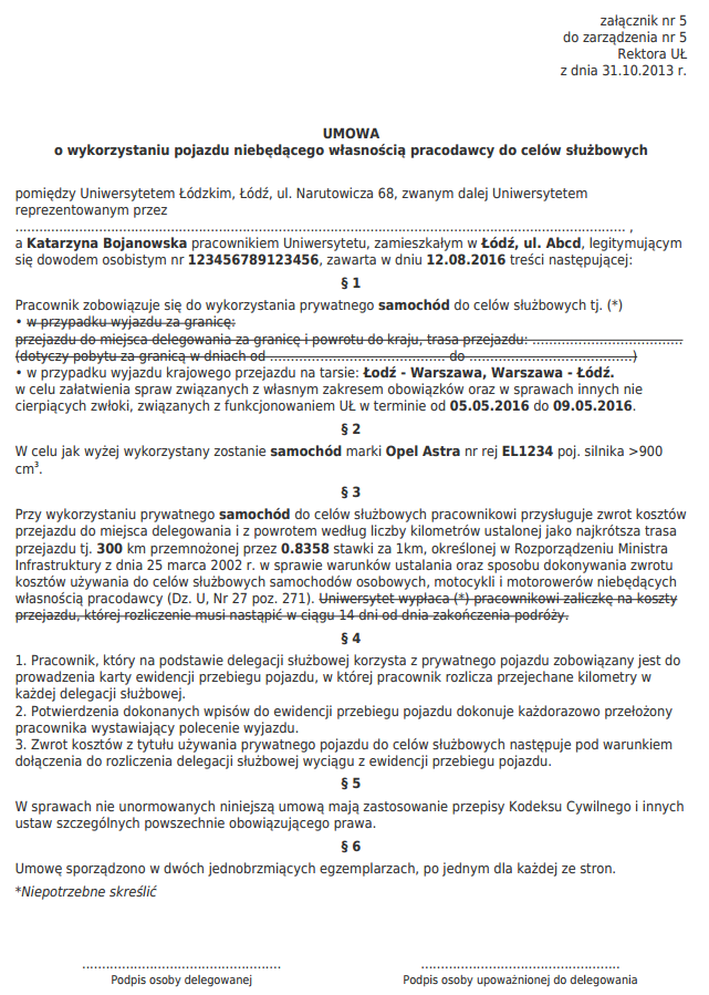 przykład Umowy o wykorzystaniu pojazdu niebędącego własnością pracodawcy do celów służbowych. Użytkownik pojazdu: Pasażer.