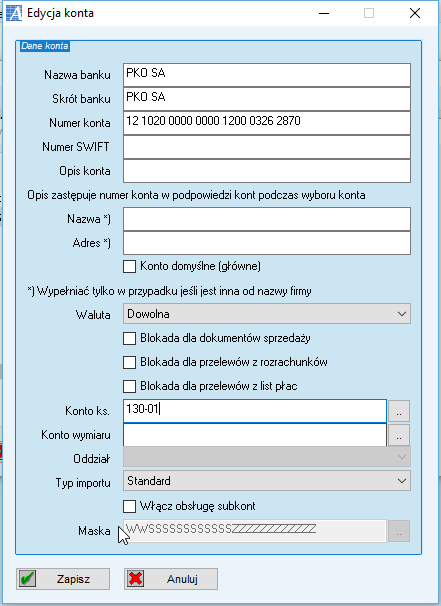 Dodajemy nasze konta bankowe dla których księgujemy wyciagi bankowe. W W Wprowadzamy pola: - Nazwa banku - Numer konta - Konto ks. konto księgowe da tego rachunku.