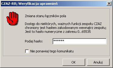 b) Łącznik pola okno opcjonalne dla zespołu CZAZ-RR Dynamiczne okno odwzorowania stanu łączników Zmiana położenia łącznika odbywa się przez naciśnięcie myszą w obszarze łącznika i podania hasła