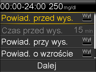 Godzina rozpoczęcia pierwszego segmentu czasu to zawsze 00:00. Można skonfigurować nawet osiem segmentów czasu i przyporządkować do każdego z nich inny limit wysokiej glukozy.
