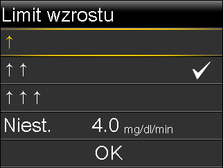 Zostanie wyświetlony ekran Limit wzrostu. 9. Wybierz opcję strzałek (jedna, dwie lub trzy strzałki) zależnie od tego, jaką szybkość wzrostu chcesz zastosować.