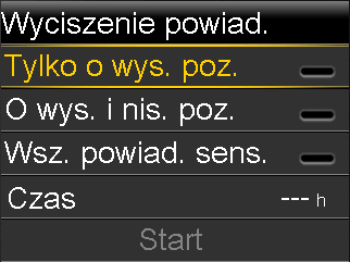 To ustawienie wyciszania powiadomień Tylko o wys. poz. O wys. i nis. poz. Wsz. powiad. sens. Powoduje wyciszenie następujących powiadomień Powiad. przy wys., Powiad. przed wys. oraz Powiad.