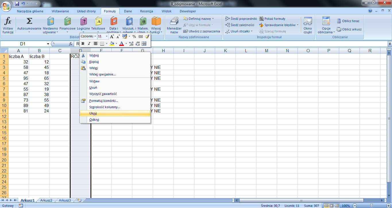 10. Teraz musisz ukryć kolumnę D (RÓŻNICA), tak aby grający nie mógł podejrzeć prawidłowych wyników z