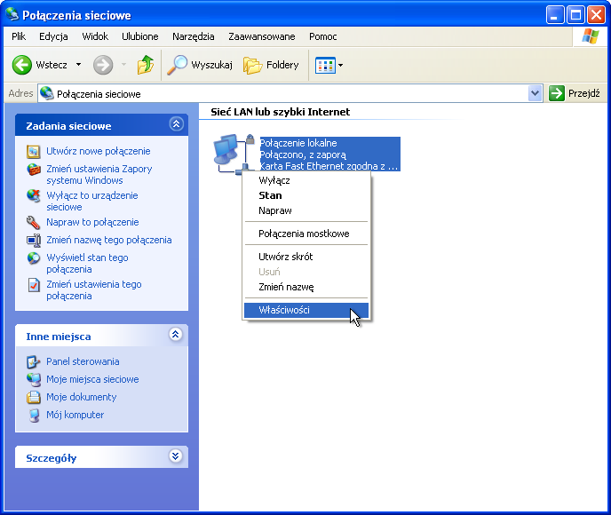 Do menu właściwości połączenia można wejść klikając na nie prawym klawiszem myszy przez