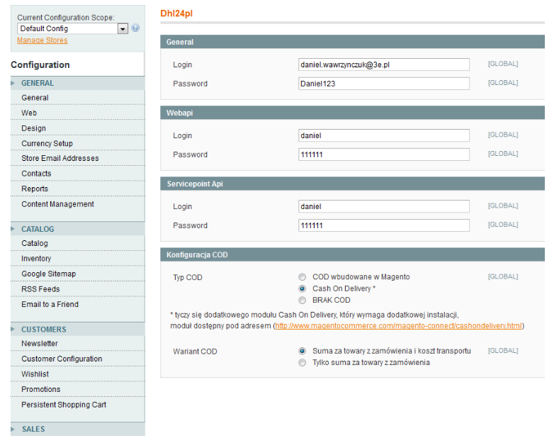 W celu skonfigurowania COD, należy wejść w menu System\Configuration, a następnie Sales\ Dhl24pl.