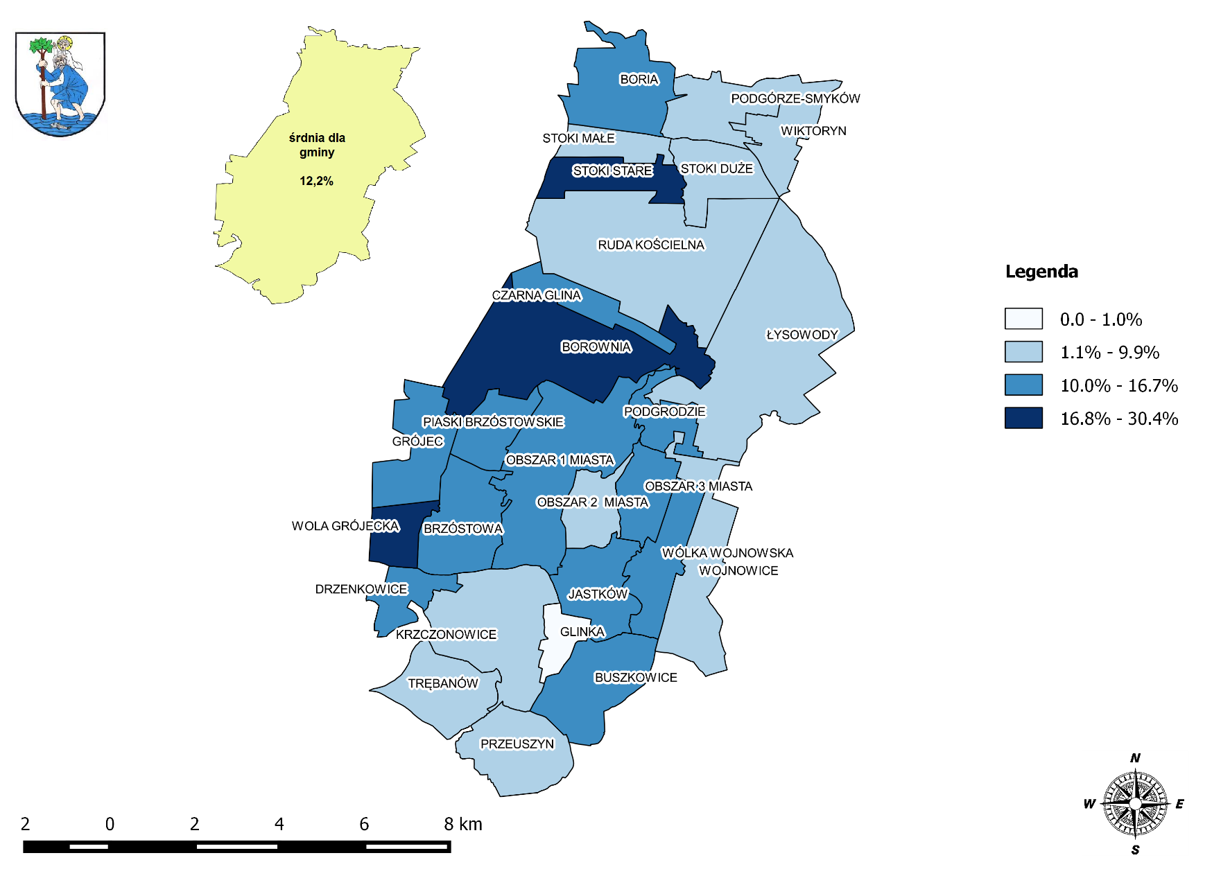 Mapa 14 Rozkład wartości wskaźnika udział bezrobotnych zarejestrowanych w ludności w wieku produkcyjnym w poszczególnych jednostkach