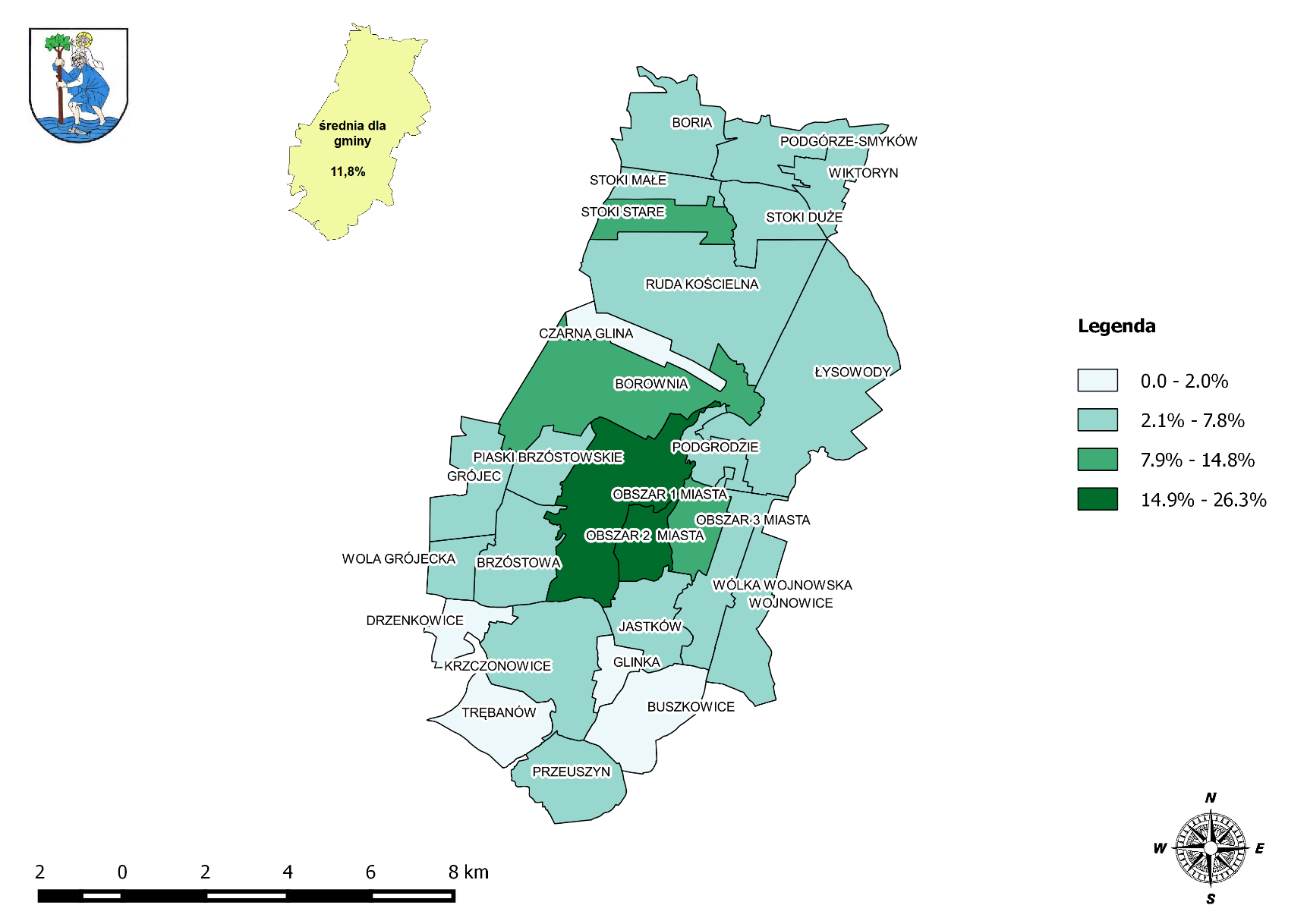 Mapa 15 Rozkład wartości wskaźnika udział osób w gospodarstwach domowych korzystających ze środowiskowej pomocy społecznej w % ludności ogółem w