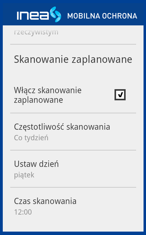 Skanowanie zaplanowane W celu regularnego sprawdzania urządzenia pod kątem obecności wirusów i innego złośliwego kodu możesz zaplanować automatyczne skanowanie.