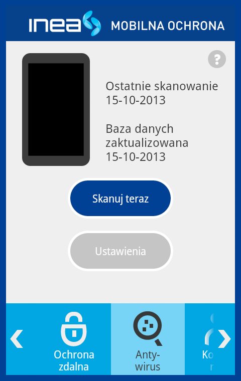 2. Po zakończeniu skanowania zostaniesz poinformowany o wykrytych bądź nie niepożądanych aplikacjach: Mobilna Ochrona INEA skanuje urządzenie pod kątem wirusów i innego złośliwego kodu, a także