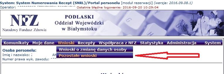 Po zalogowaniu się do systemu należy uzupełnić dane we wniosku. Wniosek dostępny jest w menu Wnioski -> Pozostałe wnioski. Należy odnaleźć wniosek o statusie wprowadzony.