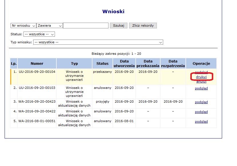 Po przekazaniu wniosku należy go wydrukować i podpisany wydruk dostarczyć do