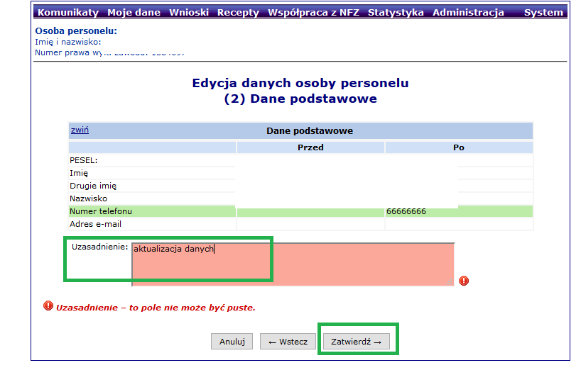 Jeśli nie ma podanych danych należy przy użyciu opcji Edytuj uzupełnić brakujące dane.