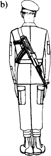 38. Komendę Przez plecy BROŃ" żołnierz wykonuje karabinkiem z kolbą drewnianą i z kolbą składaną (rys. 10)