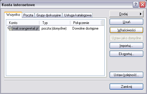 3. W oknie konta internetowe klikamy w zakładkę Poczta, zaznaczamy konto mail.