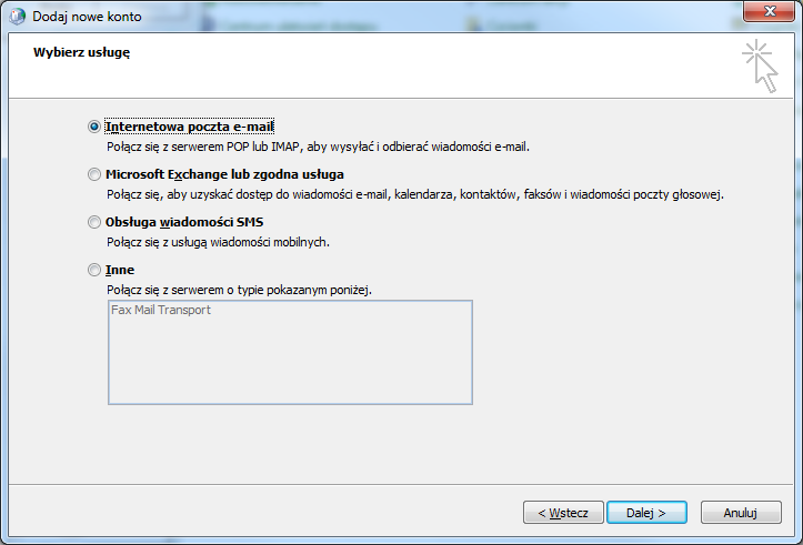 Wybieramy opcję Internetowa poczta e-mail i klikamy